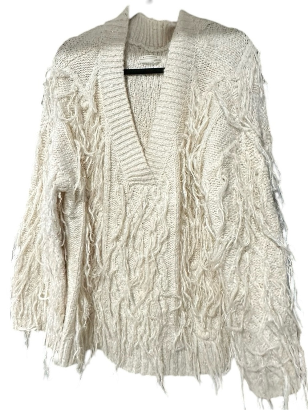 Anthropologie Fringed Sweater Cream Long Sleeve V-Neck Oversized Pullover Sz L - Picture 6 of 7